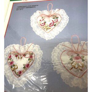 Bucilla Christmas Lace Hearts Stitchery Ornaments Set Of 3
